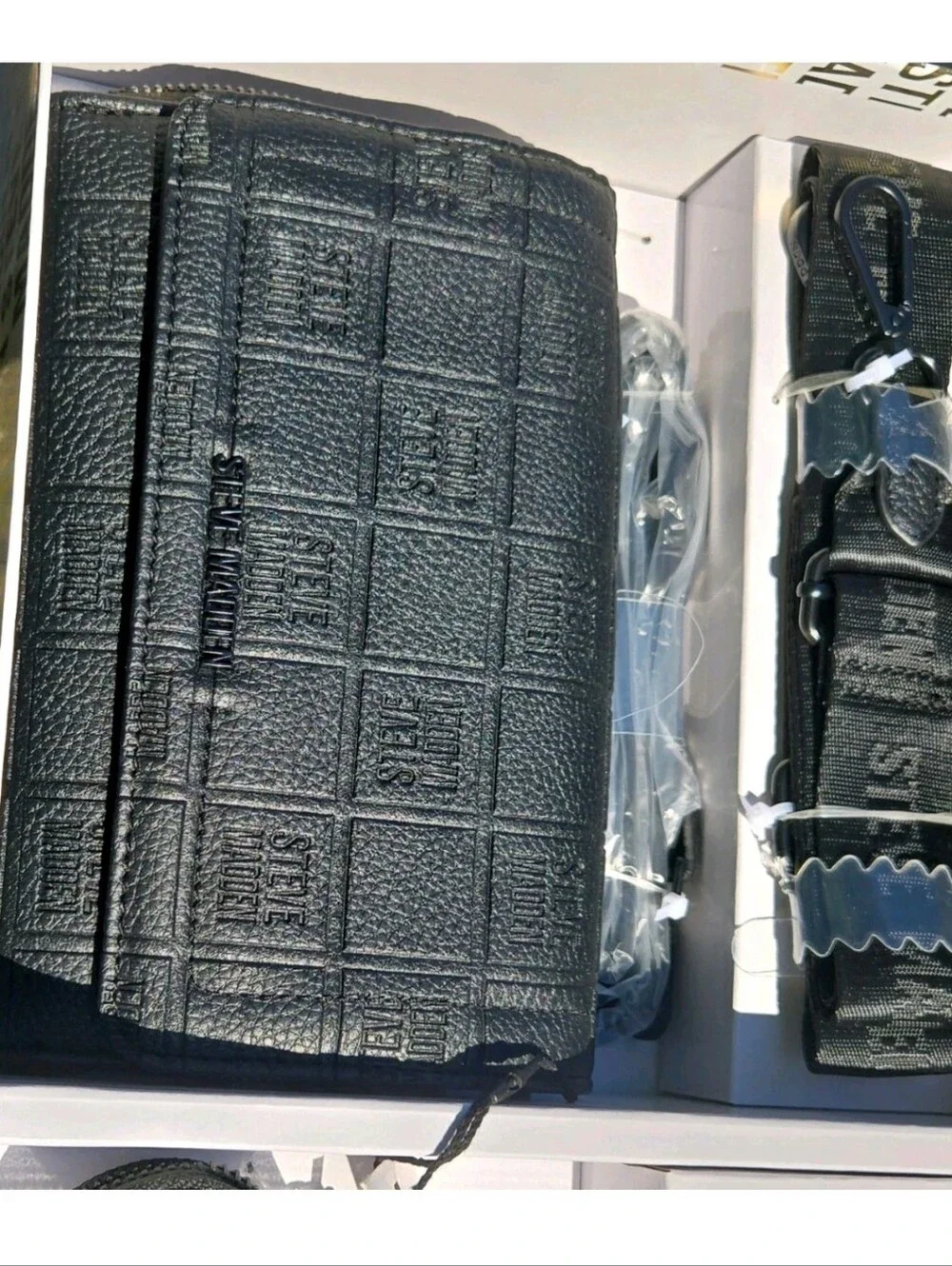 Steve Madden Black Embossed Crossbody Wallet & Strap Set